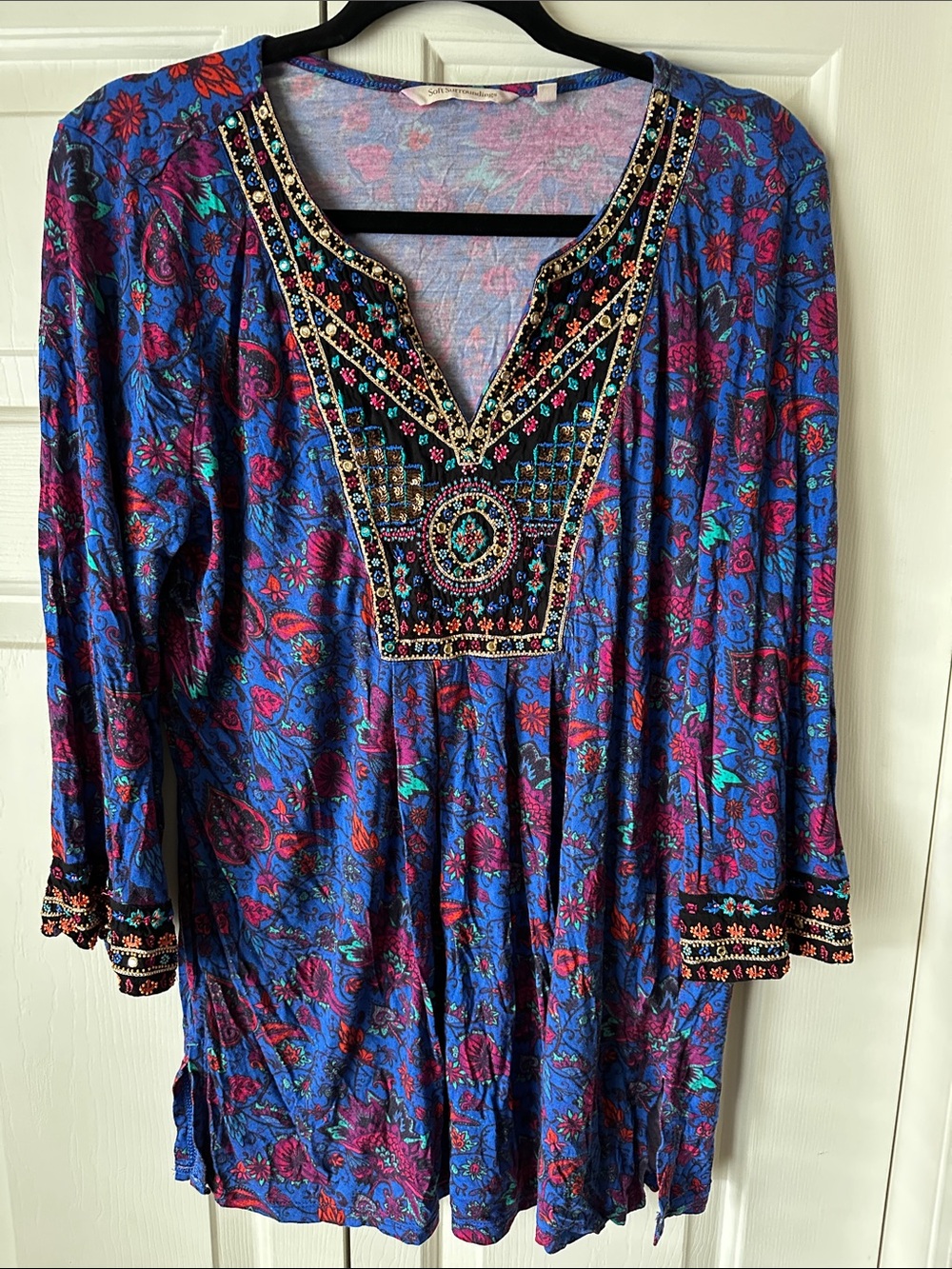 Soft Surroundings Beaded Embroidered Floral Tunic - Blue & Purple